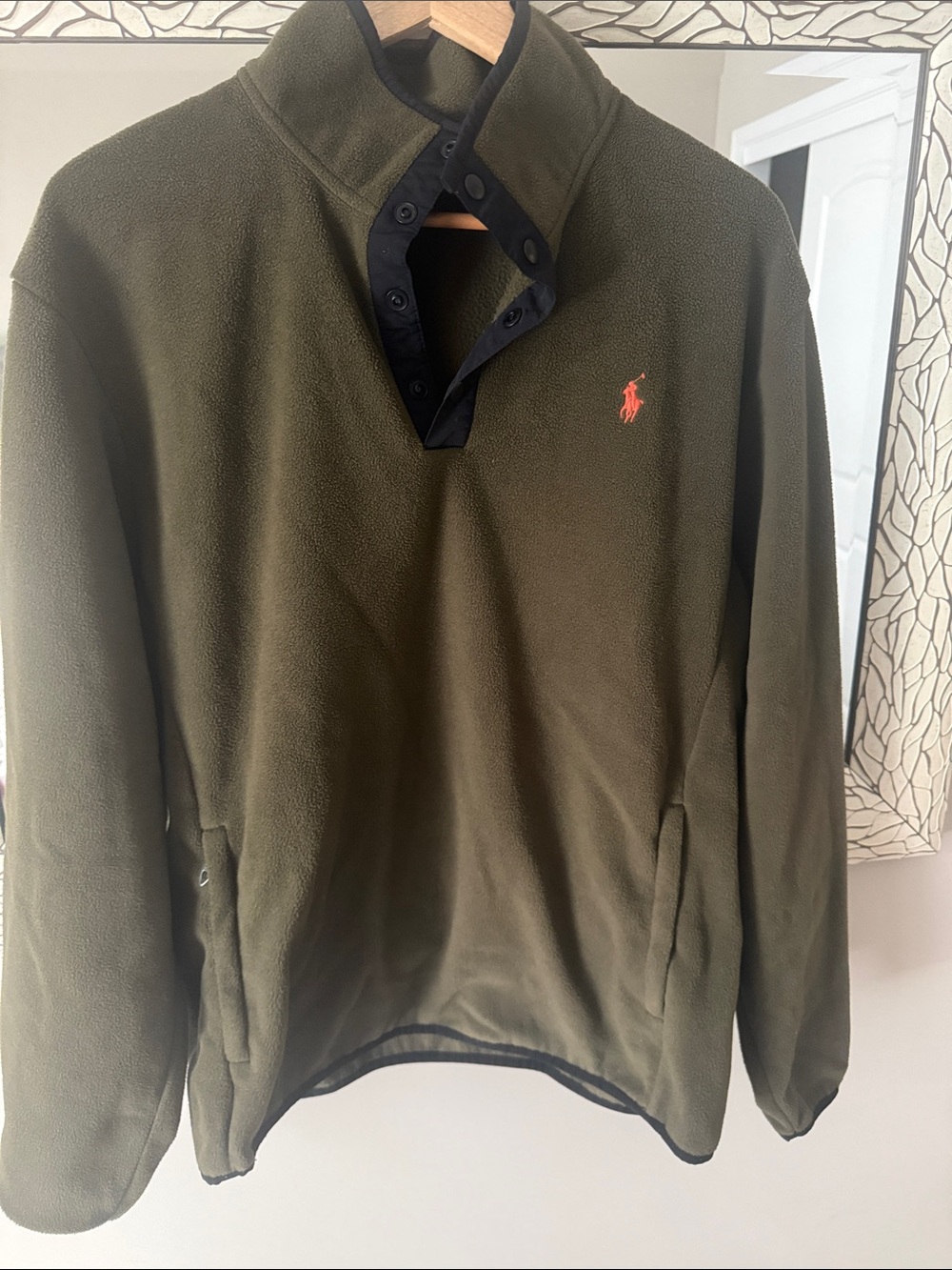 Ralph Lauren Olive Green Fleece Snap-Up Pullover with orange Pony size L
